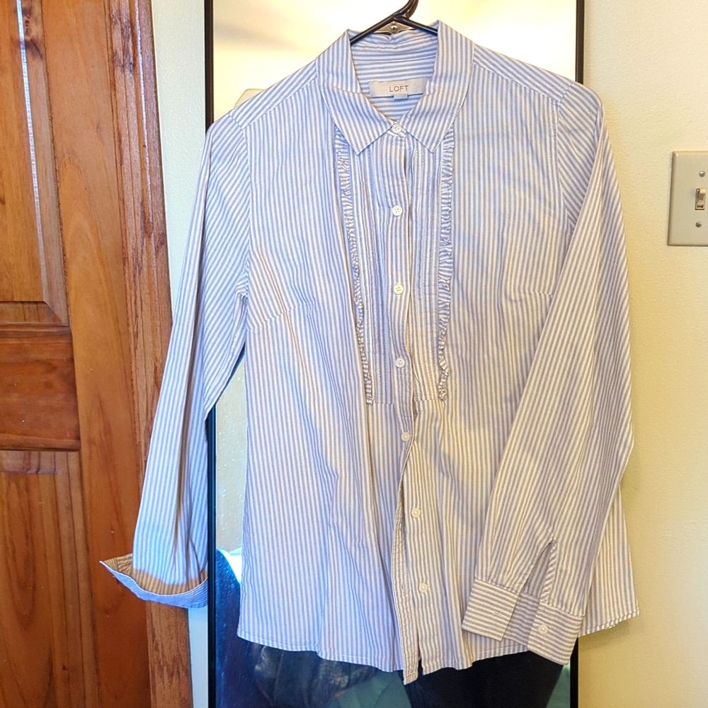 LOFT (Ann Taylor) Size S striped button down with ruffle detail